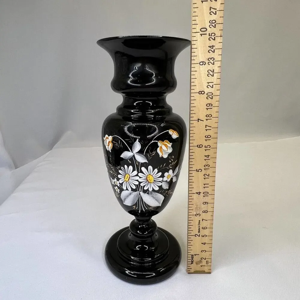 Vintage Black Glass Vase, Victorian era style handpainted floral decor - Picture 7 of 7